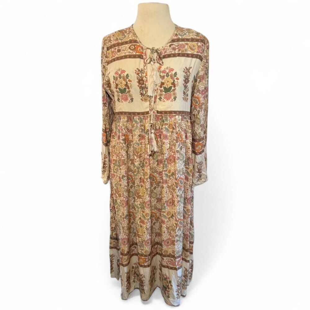 R. Vivimos Boho floral print maxi dress with tie front and long sleeves Sz M - Picture 2 of 6